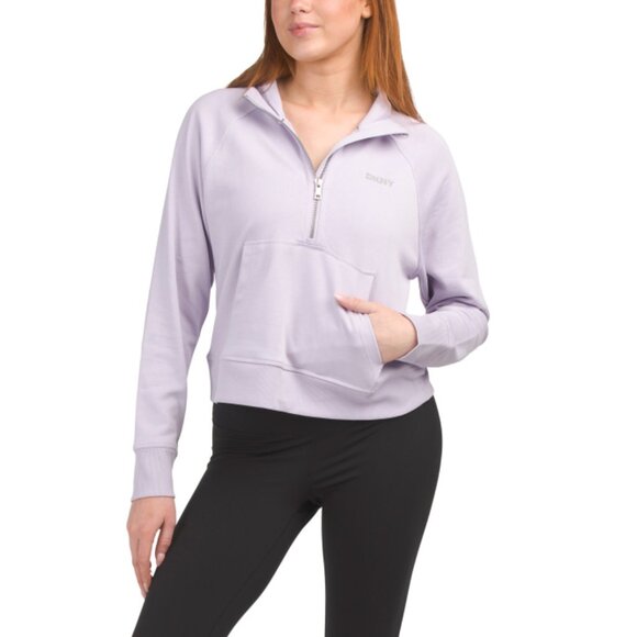 DKNY SPORT Orchid Mini Stud Logo Half Zip Pullover Top With Kangaroo Pocket - Picture 1 of 2